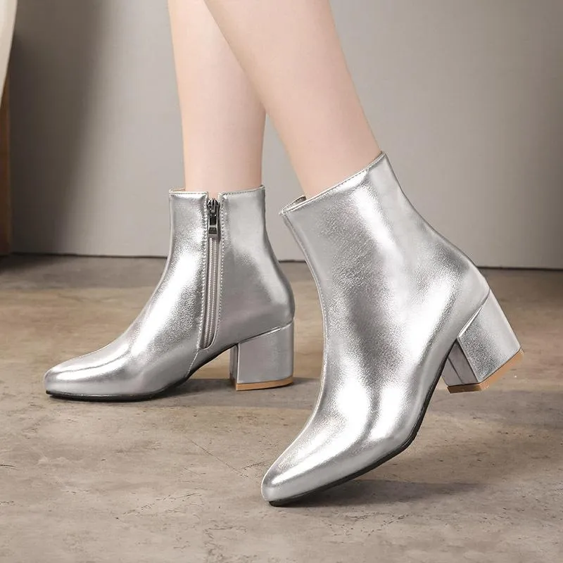 Women fashion solid color chunky heel side zipper ankle boots