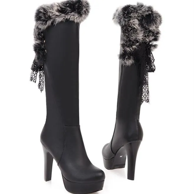 Women fringe faux fur sexy chunky heel platform knee high boots