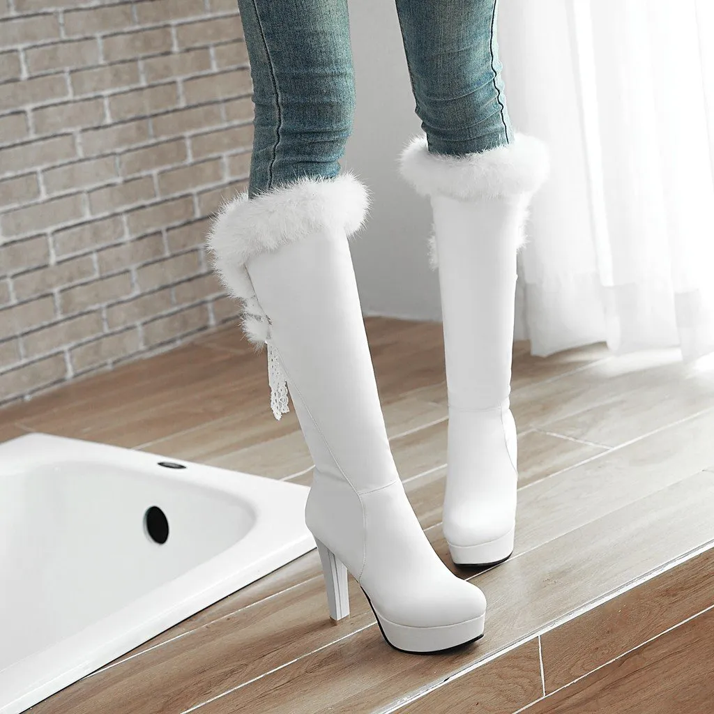 Women fringe faux fur sexy chunky heel platform knee high boots