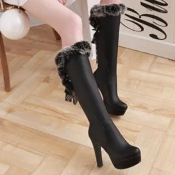 Women fringe faux fur sexy chunky heel platform knee high boots