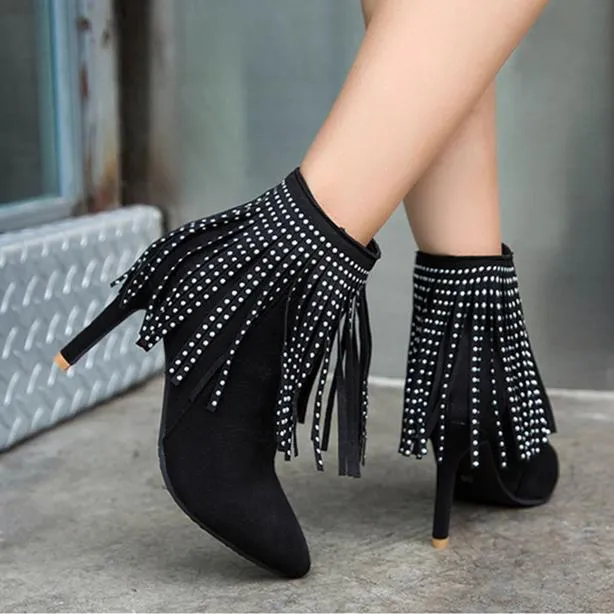 Women glitter fringed pointed stiletto high heel short boots