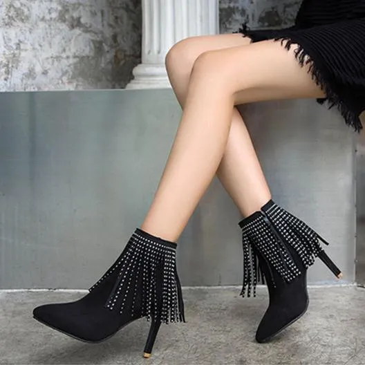 Women glitter fringed pointed stiletto high heel short boots