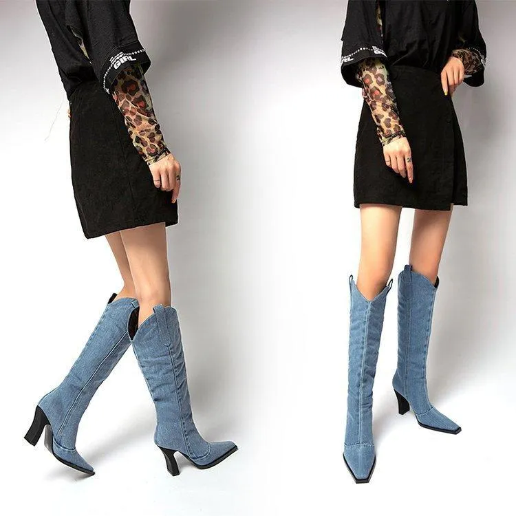 Women square toed chunky high heel denim knee high boots