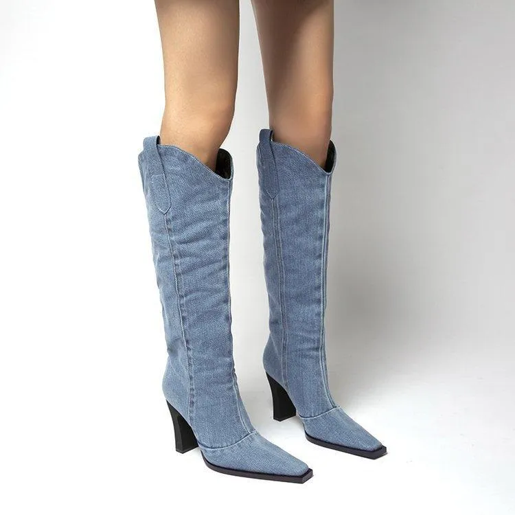 Women square toed chunky high heel denim knee high boots