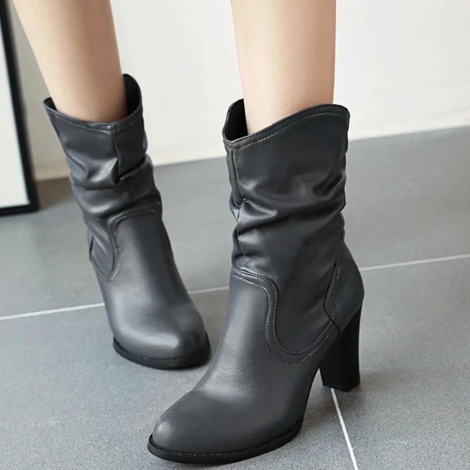 Women western slip on solid color short chunky high heel boots