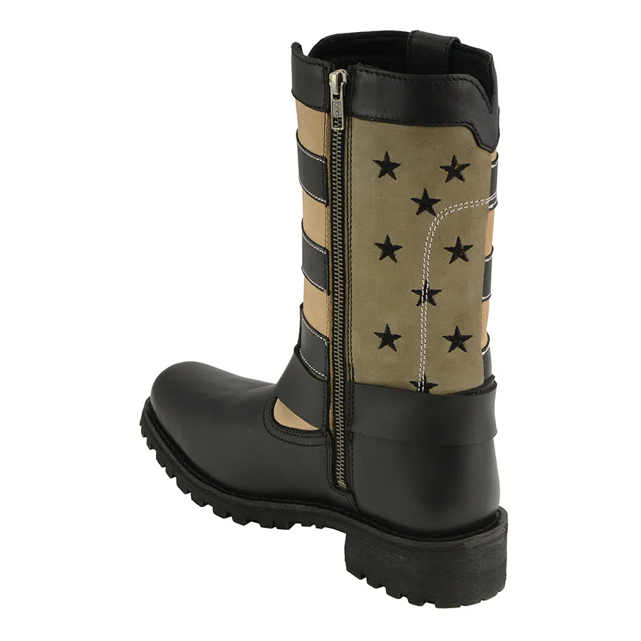 Women’s Black & Tan Stars & Stripes Harness Motorcycle Boot