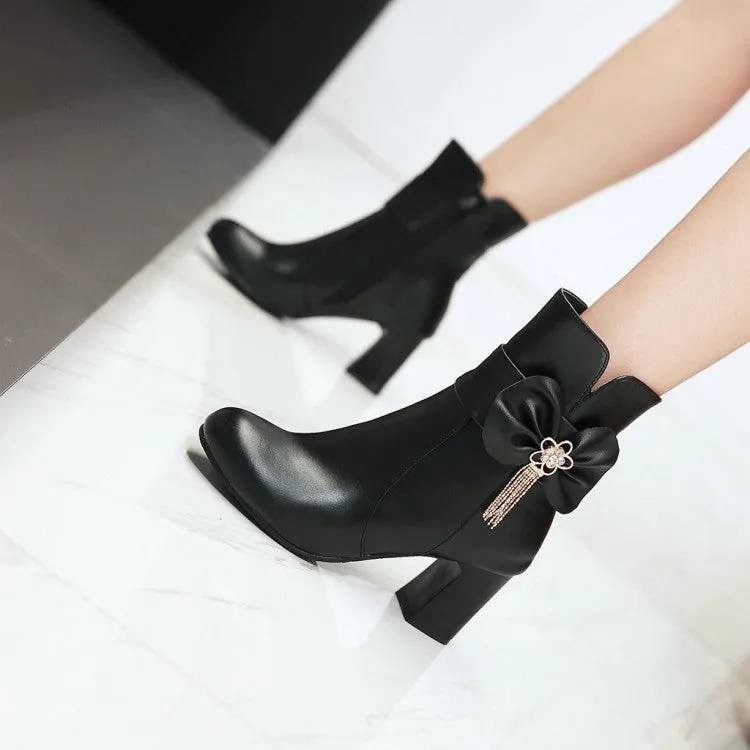 Women's Bowtie Rhinestone Tassel Block Heel Ankle Boots