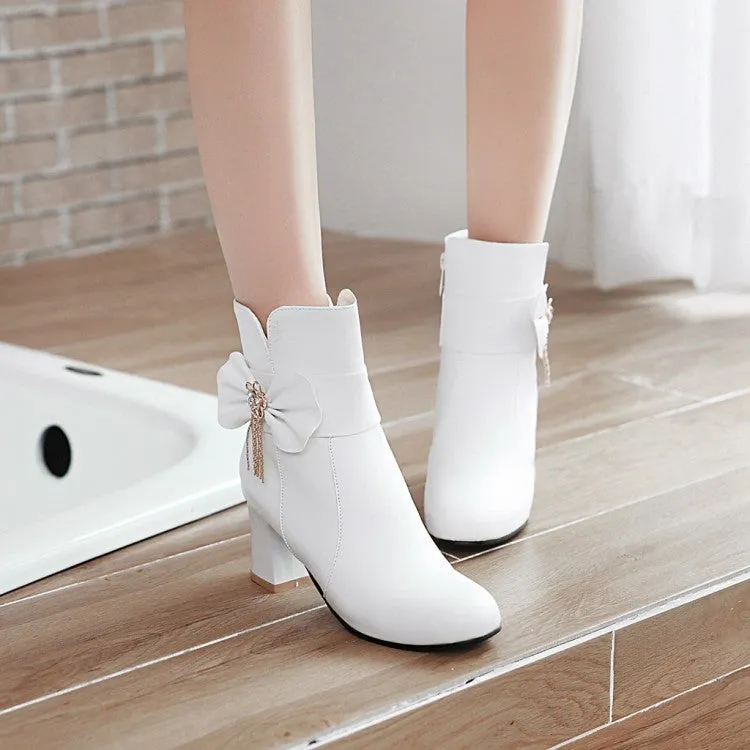 Women's Bowtie Rhinestone Tassel Block Heel Ankle Boots