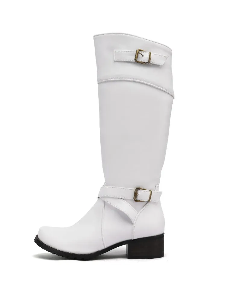 Women's Buckle Low Heel Knee High Boots