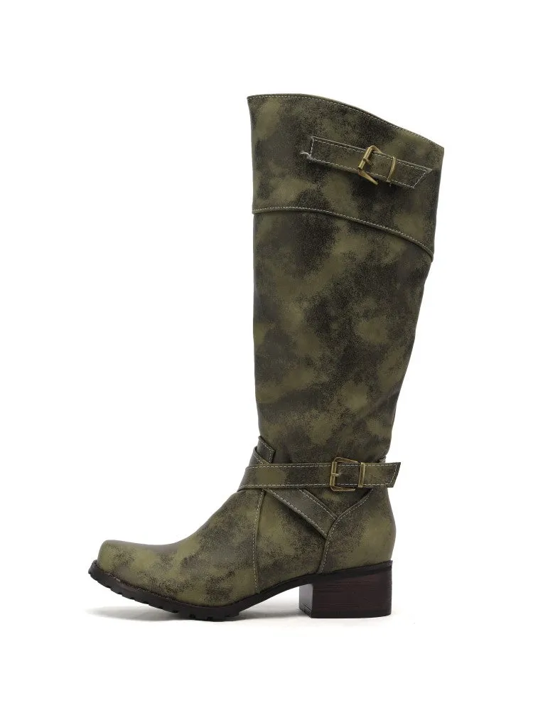 Women's Buckle Low Heel Knee High Boots