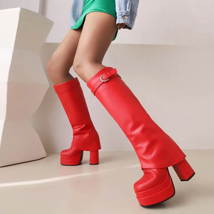 Women's Fold Pu Leather Square Toe Block Heel Platform Knee High Boots