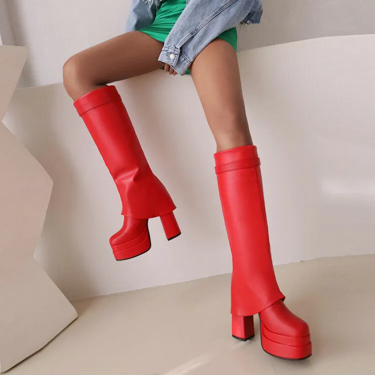 Women's Fold Pu Leather Square Toe Block Heel Platform Knee High Boots