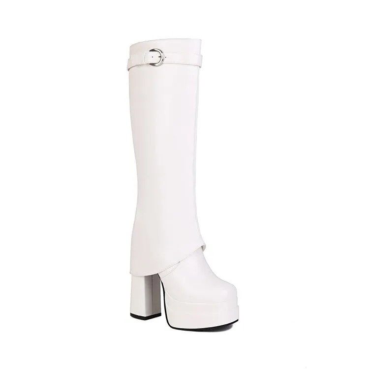 Women's Fold Pu Leather Square Toe Block Heel Platform Knee High Boots