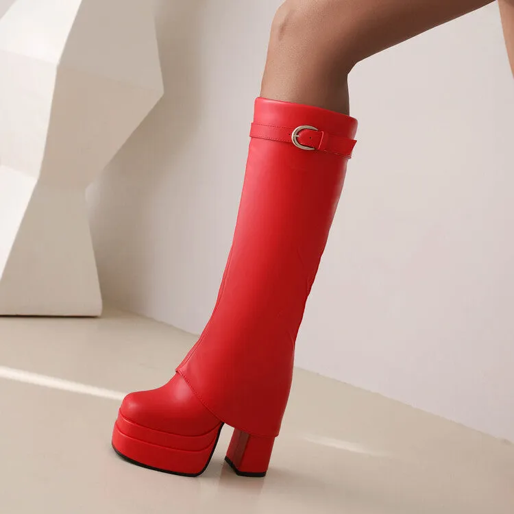 Women's Fold Pu Leather Square Toe Block Heel Platform Knee High Boots