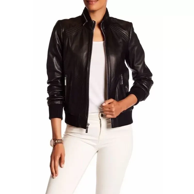 Womens Genuine Lambskin Black Leather Bomber Jacket