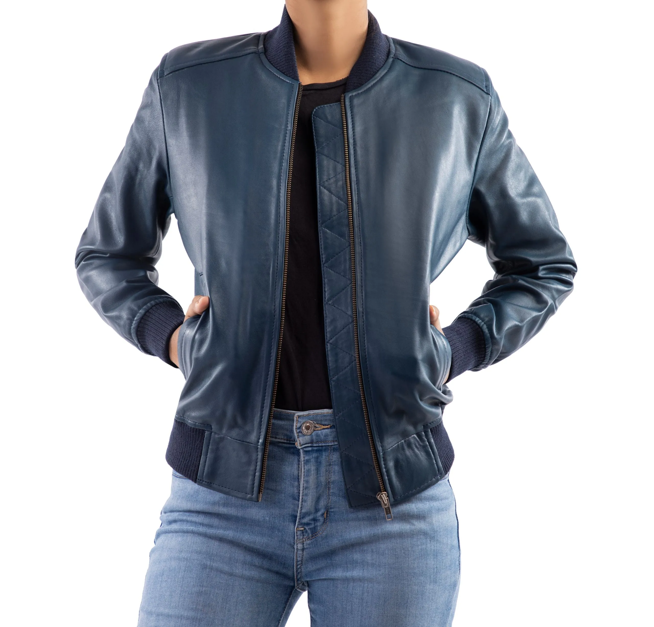 Women's Genuine Leather Classic Baseball  Blue Bomber Style Jacket