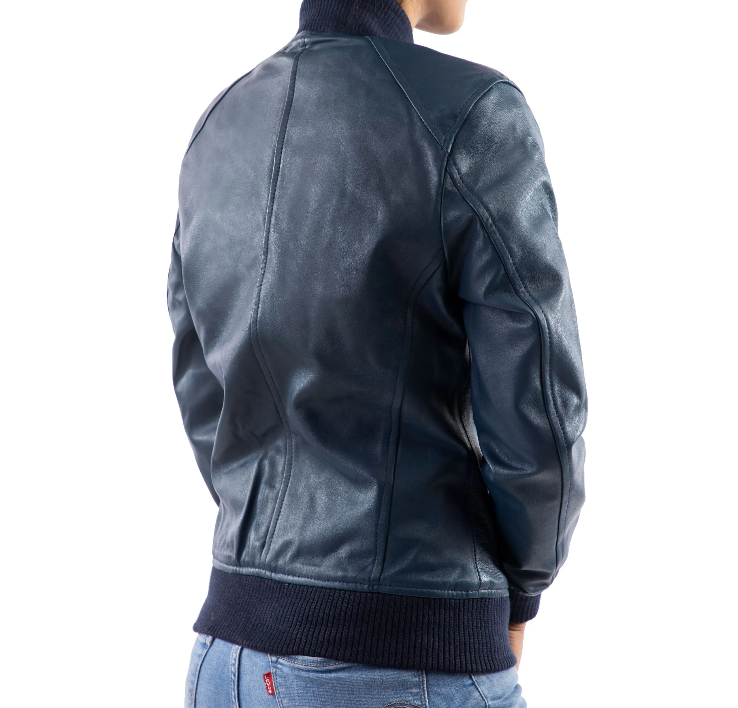 Women's Genuine Leather Classic Baseball  Blue Bomber Style Jacket