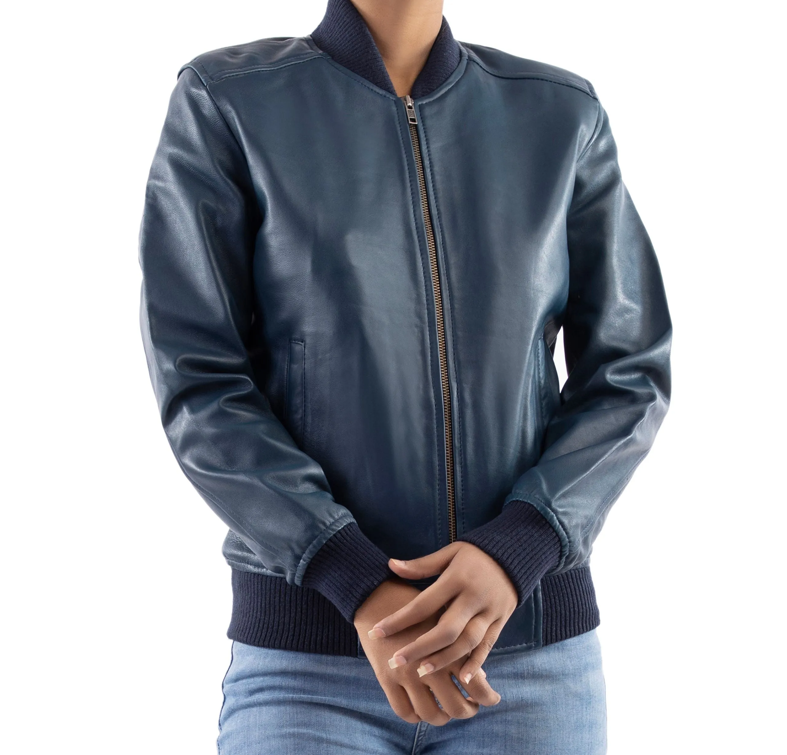 Women's Genuine Leather Classic Baseball  Blue Bomber Style Jacket