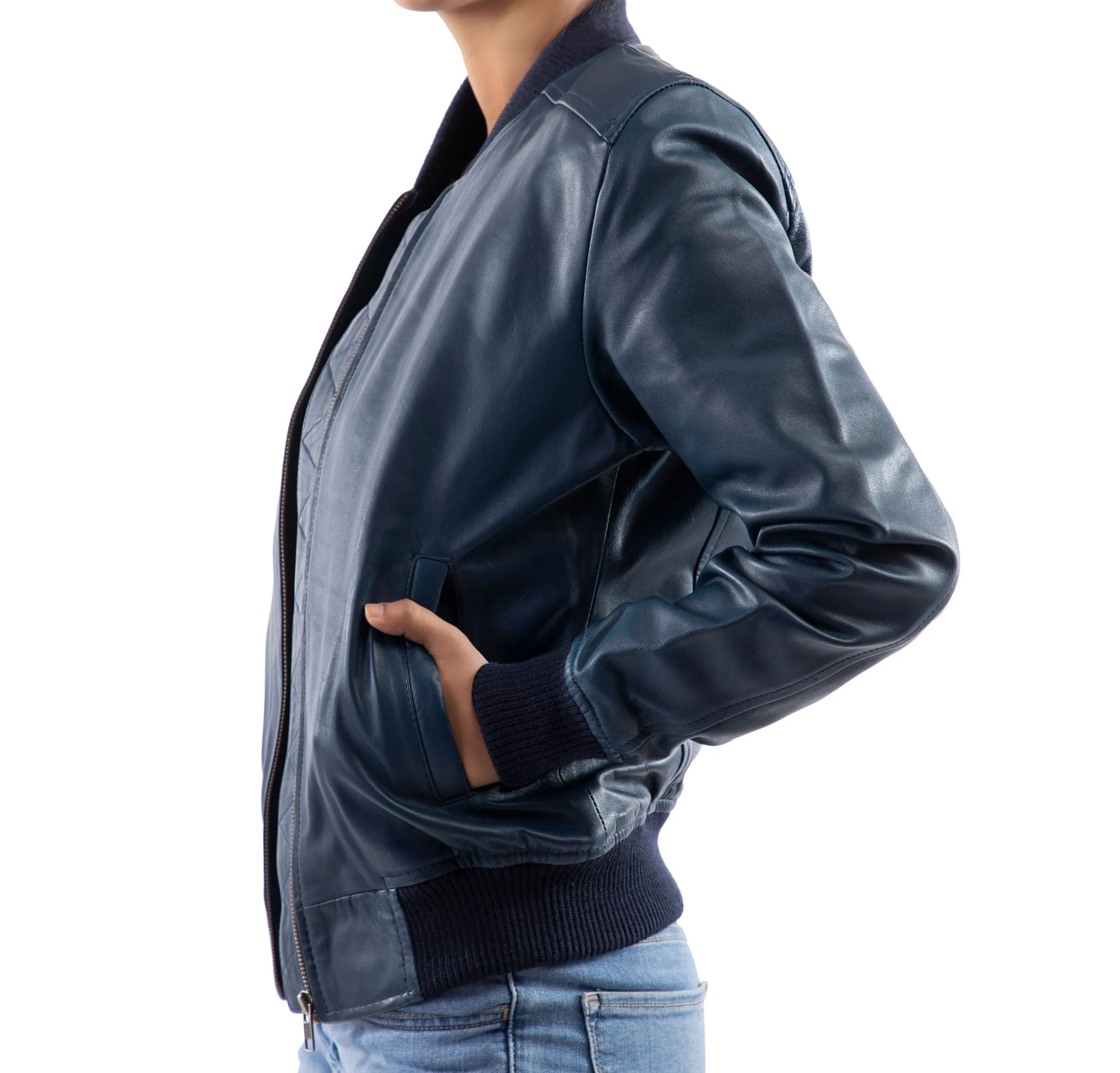 Women's Genuine Leather Classic Baseball  Blue Bomber Style Jacket