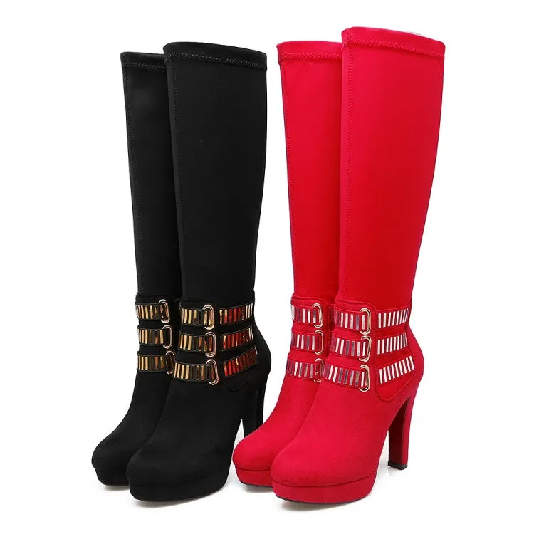 Women's Glittery Sequins Chunky Heel Platform Knee-High Boots