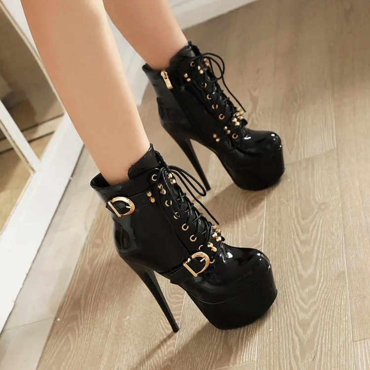 Women's Glossy Almond Toe Buckles Belts Tied Stiletto Heel Platform Short Boots