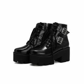 Women's Glossy Round Toe Side Zippers Buckle Straps Lace Up Block Chunky Heel Platform Short Boots