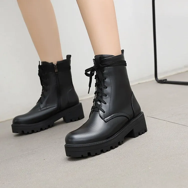 Women's Lace Up Stitch Block Chunky Heel Platform Short Boots