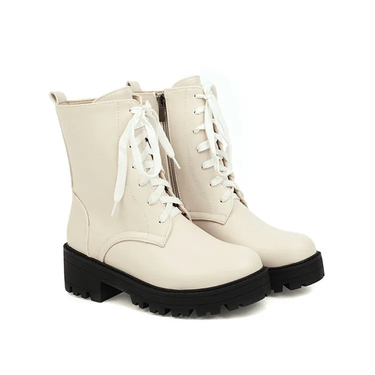 Women's Lace Up Stitch Block Chunky Heel Platform Short Boots