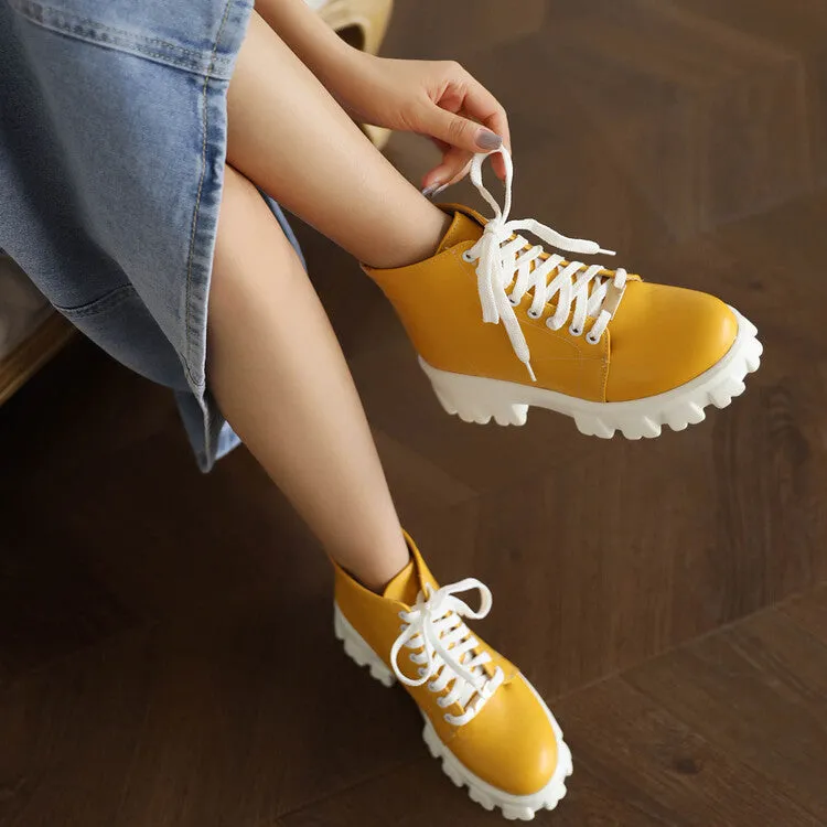 Women's Lace Up Stitch Block Heel Platform Short Boots