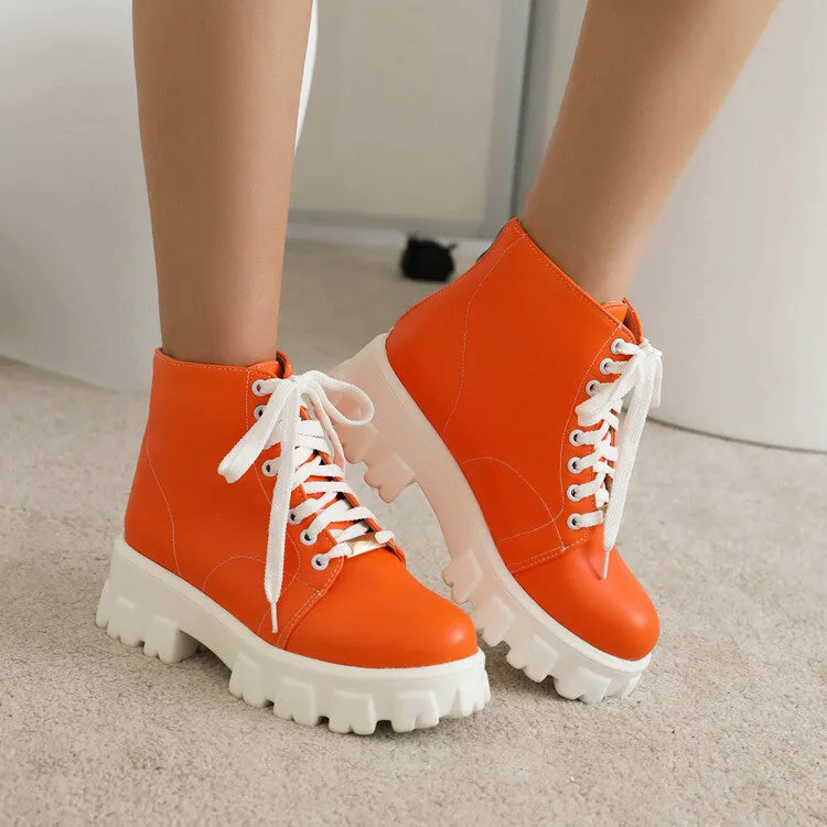 Women's Lace Up Stitch Block Heel Platform Short Boots