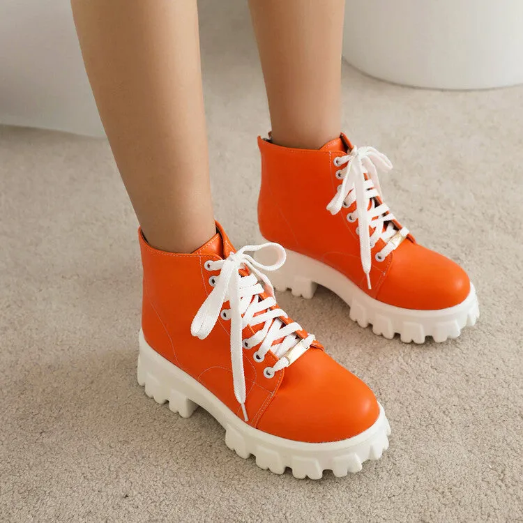 Women's Lace Up Stitch Block Heel Platform Short Boots