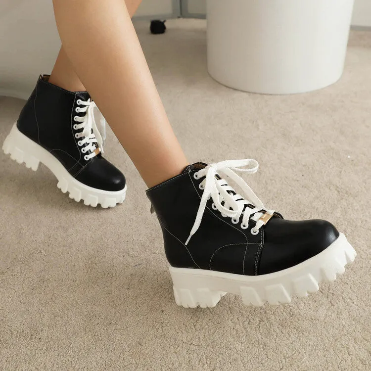 Women's Lace Up Stitch Block Heel Platform Short Boots