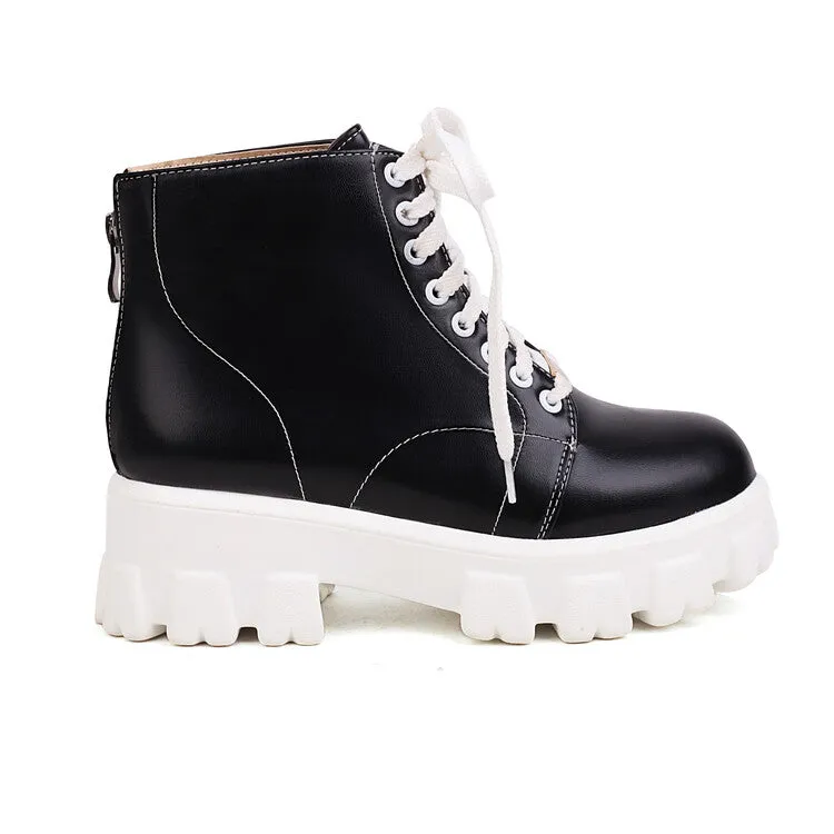 Women's Lace Up Stitch Block Heel Platform Short Boots