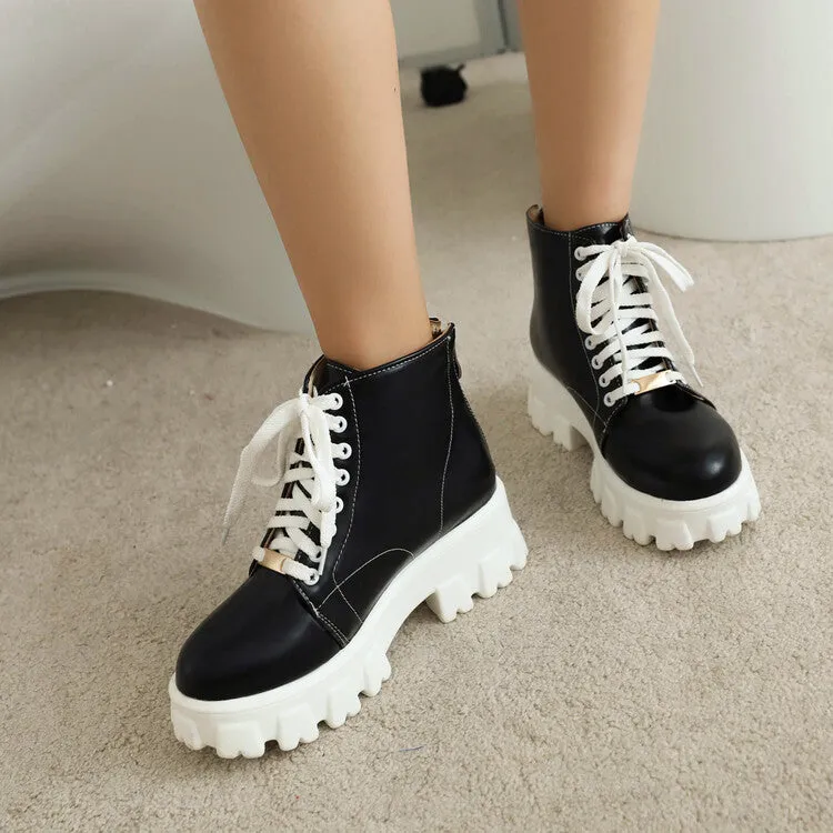 Women's Lace Up Stitch Block Heel Platform Short Boots