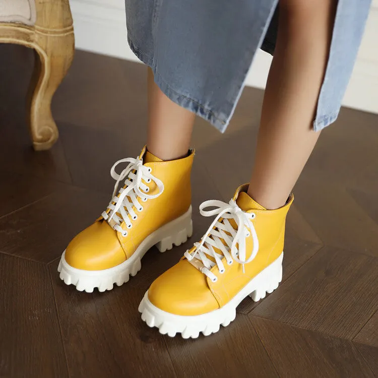 Women's Lace Up Stitch Block Heel Platform Short Boots