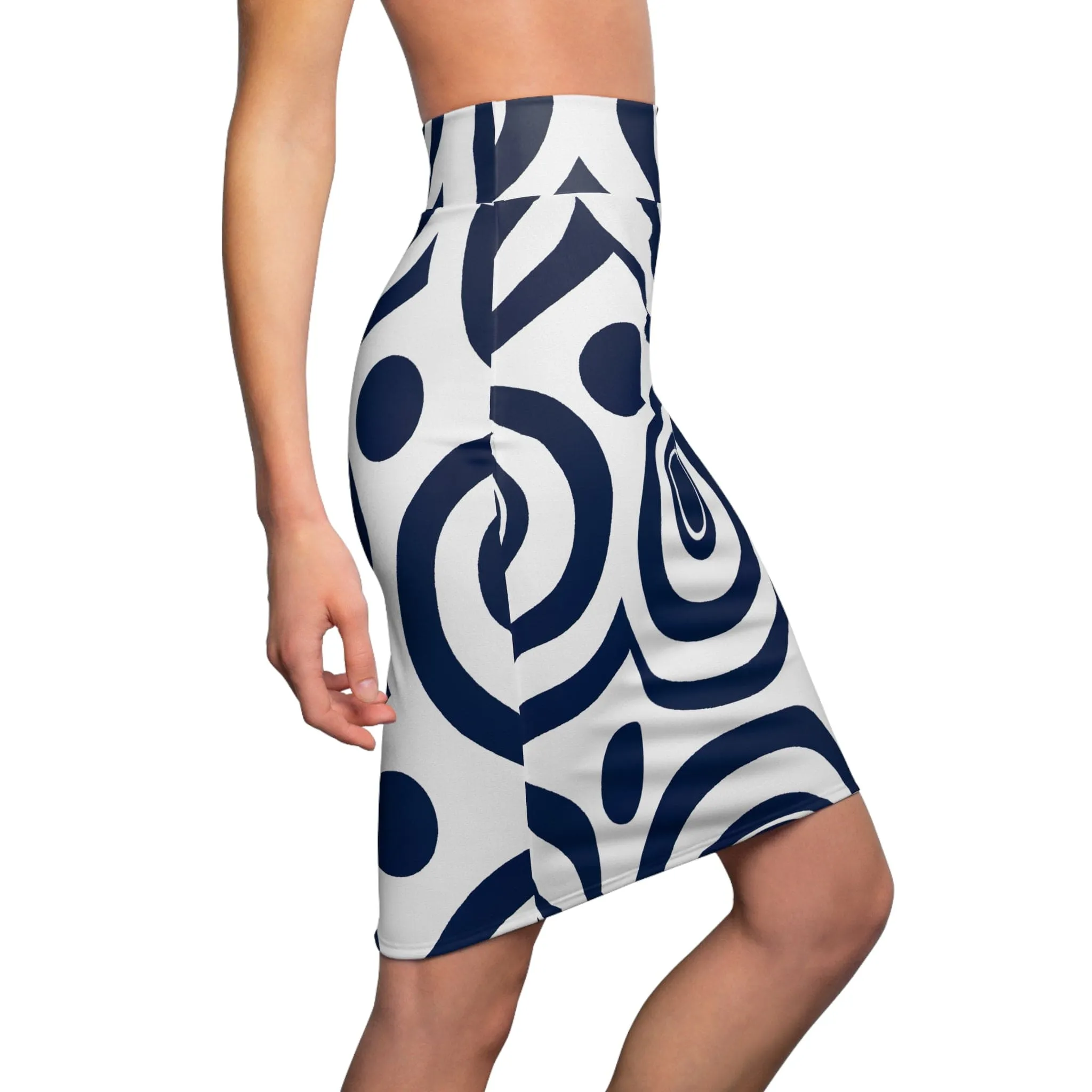 Womens Pencil Skirt - Navy Blue and White Circular Pattern