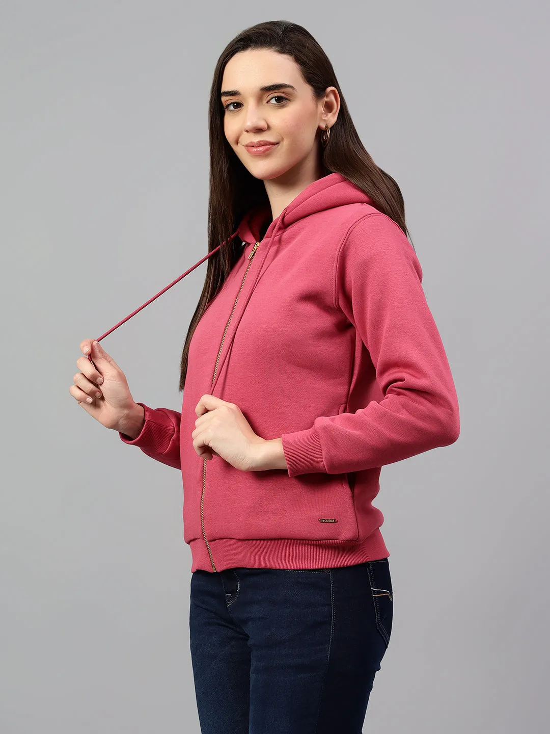 Women's Pink Solid Hoody Neck Sweatshirt