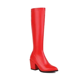 Women's Pu Leather Pointed Toe Side Zippers Block Heel Knee High Boots