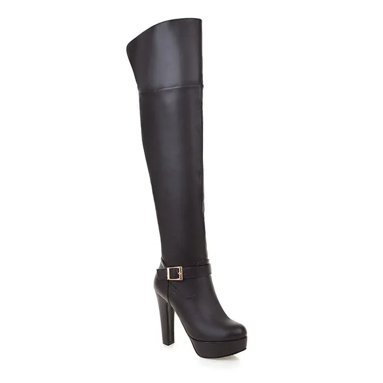 Women's Pu Leather Side Zippers Belts Buckles Chunky Heel Platform Over the Knee Boots