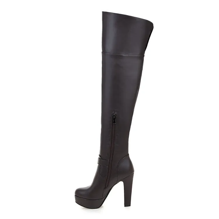 Women's Pu Leather Side Zippers Belts Buckles Chunky Heel Platform Over the Knee Boots