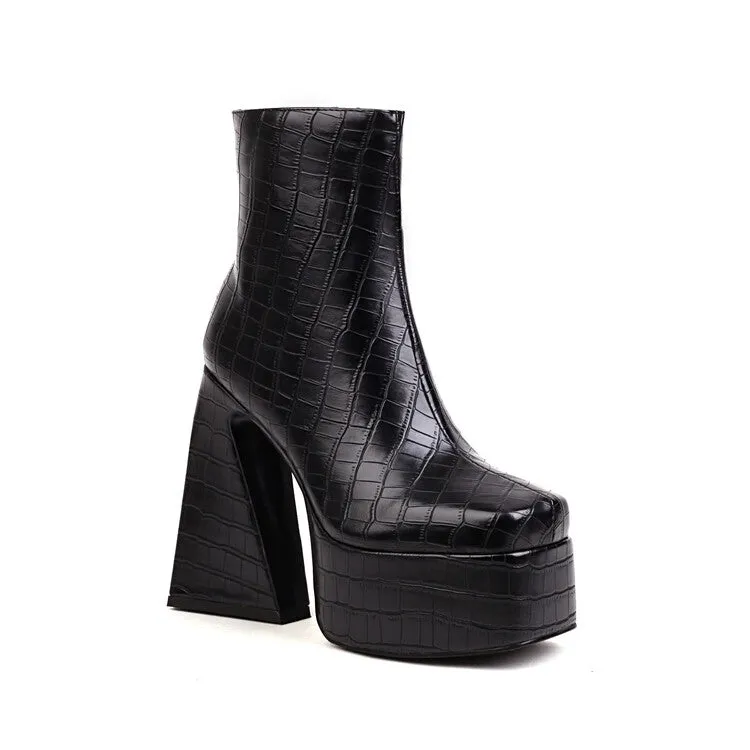 Women's Pu Leather Square Toe Side Zippers Triangle Heel Platform Ankle Boots