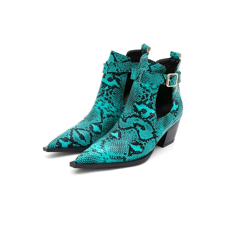 Women's Serpentinite Pointed Toe Buckle Straps Block Chunky Heel Short Boots