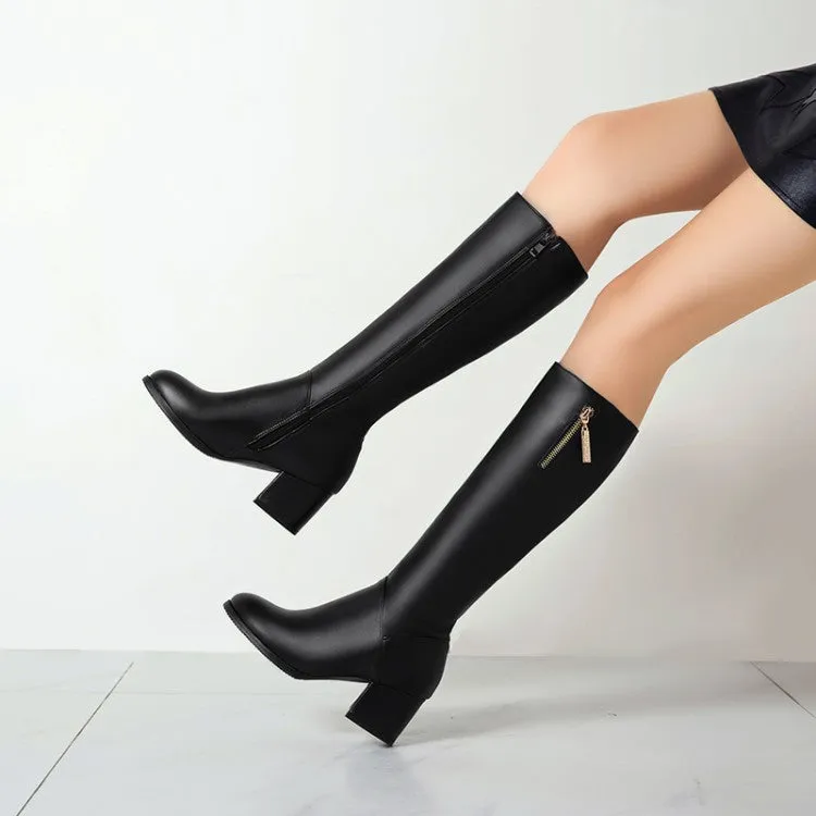 Women's Side Zippers Pendants Block Chunky Heel Knee High Boots