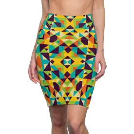 Womens Skirt - Yellow Multicolor Geometric Style Skirt