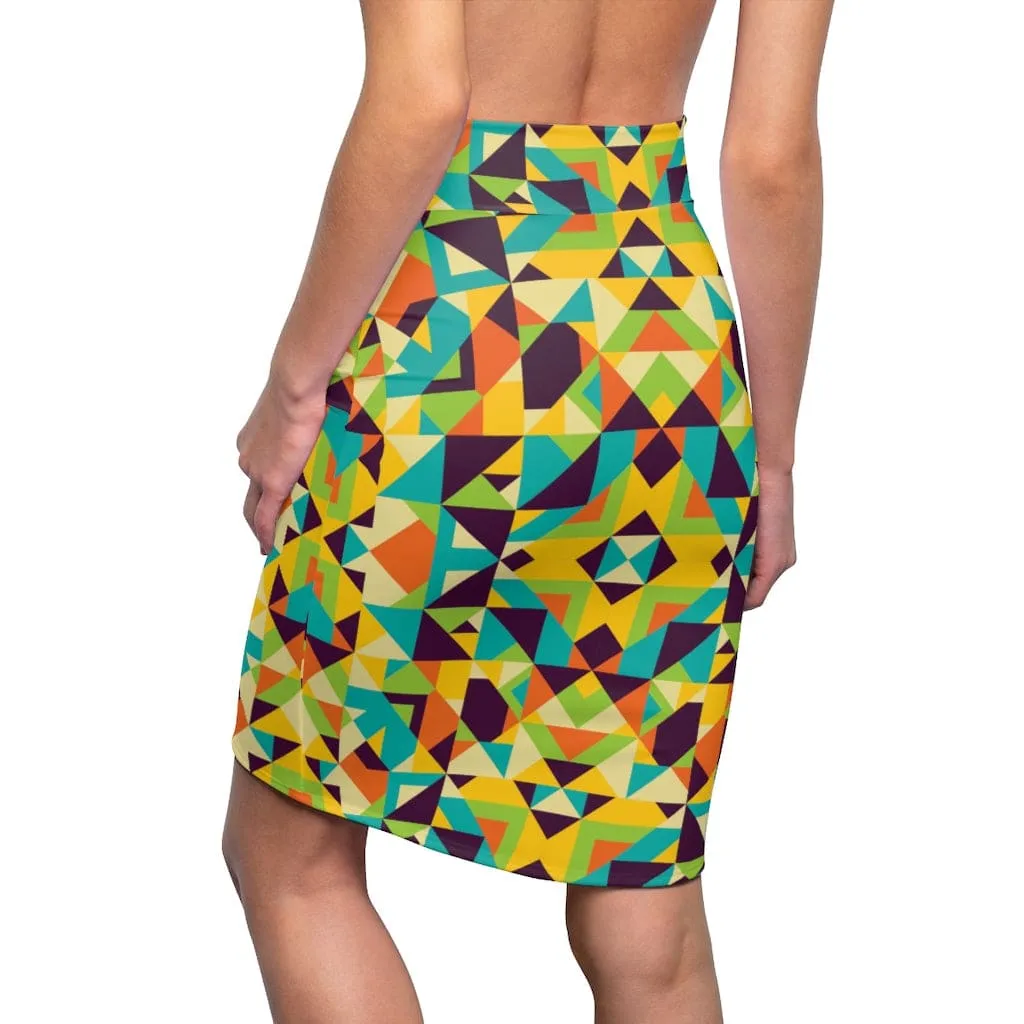 Womens Skirt - Yellow Multicolor Geometric Style Skirt