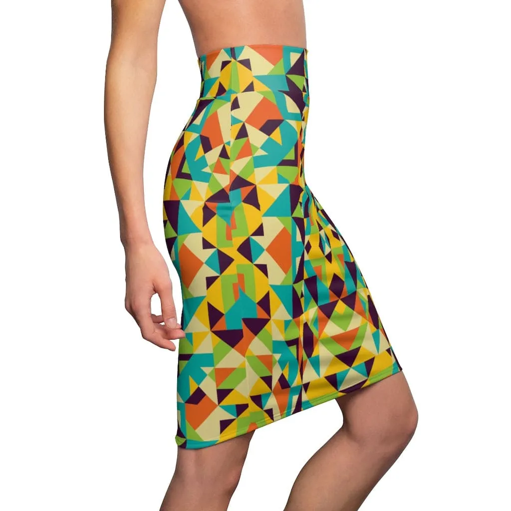 Womens Skirt - Yellow Multicolor Geometric Style Skirt