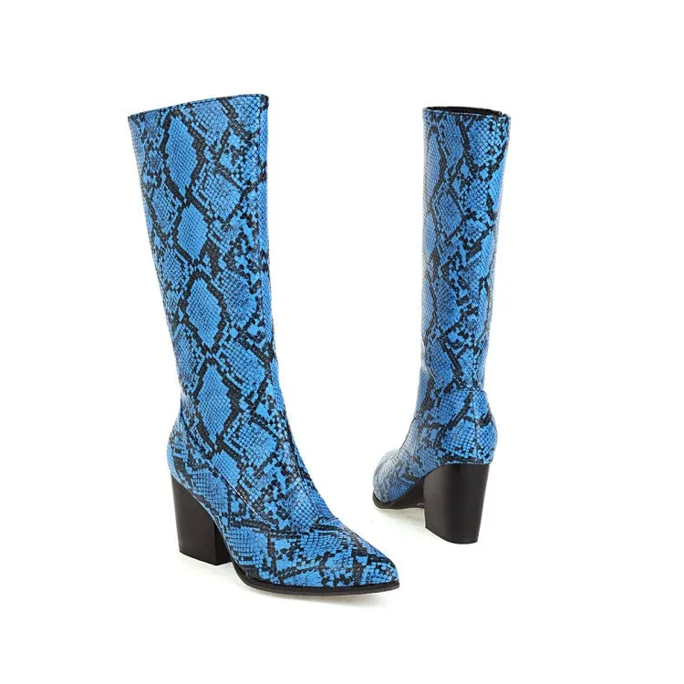 Women's Snake Printed Pointed Toe Side Zippers Block Chunky Heel Mid-Calf Boots