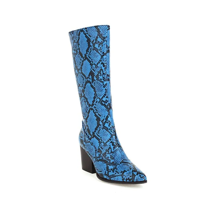 Women's Snake Printed Pointed Toe Side Zippers Block Chunky Heel Mid-Calf Boots