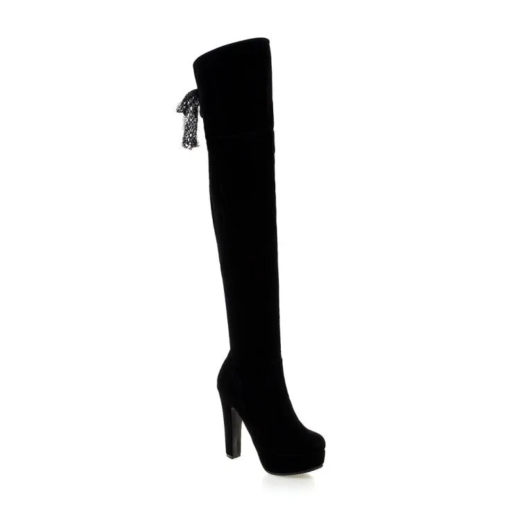 Women's Suede Back Lace Chunky Heel Platform Over the Knee Boots