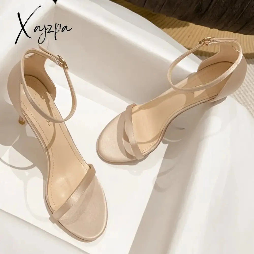 Xajzpa - New Summer Elegant Women Silk Blue Wine Red 8cm Thin High Heels Fashion Wedding Party Banquet Shoes Big Size Sandals